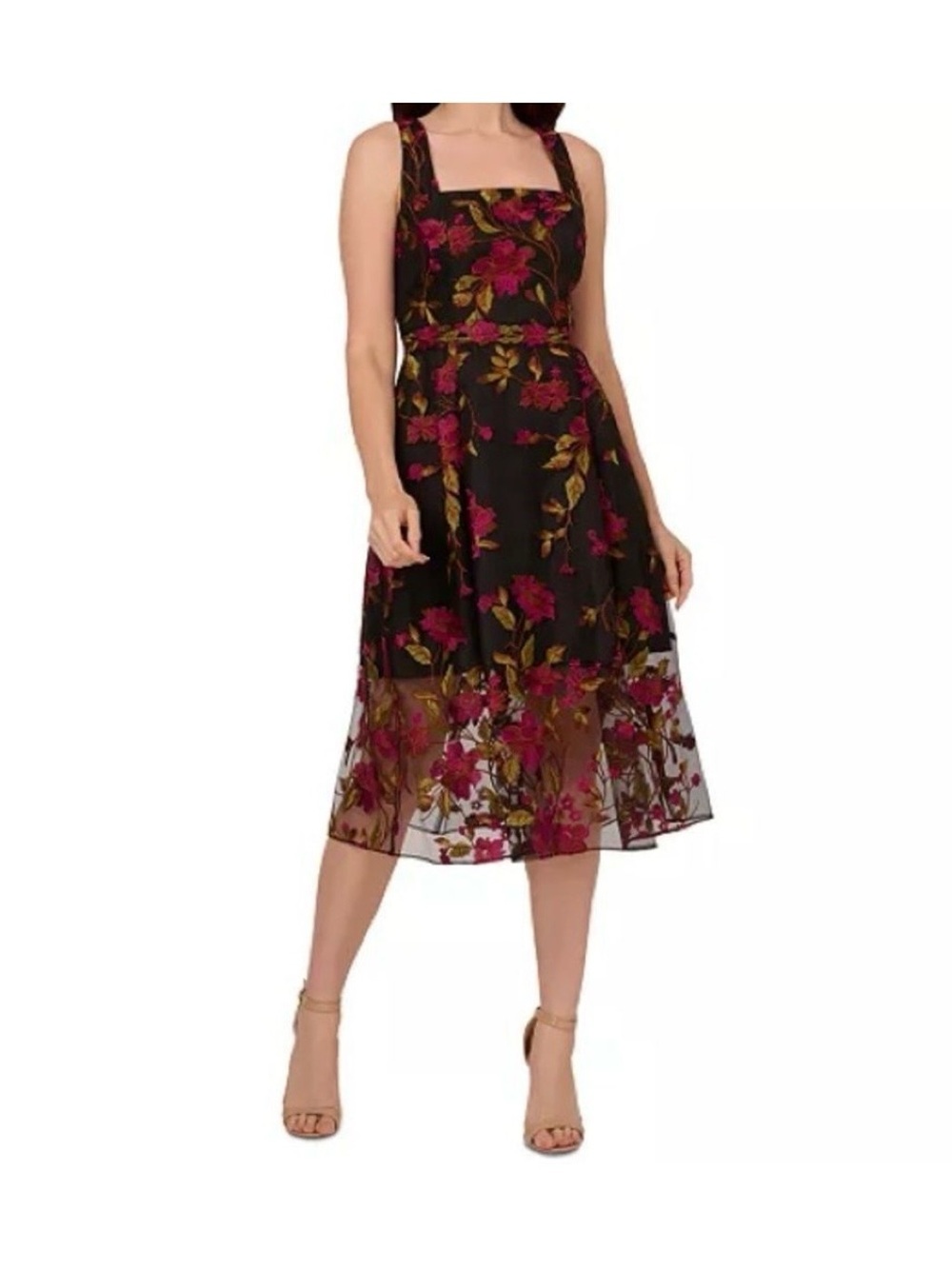 Adrianna Papell Embroidered Floral Midi Dress with Magenta Embroidery Sheer NWT
